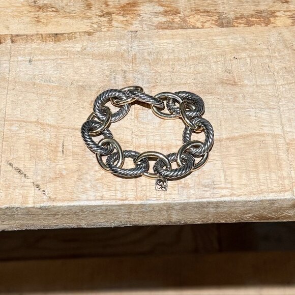 David Yurman Sterling Silver 18k Gold Oval Link Chain Cable 17mm Bracelet - Picture 2 of 13